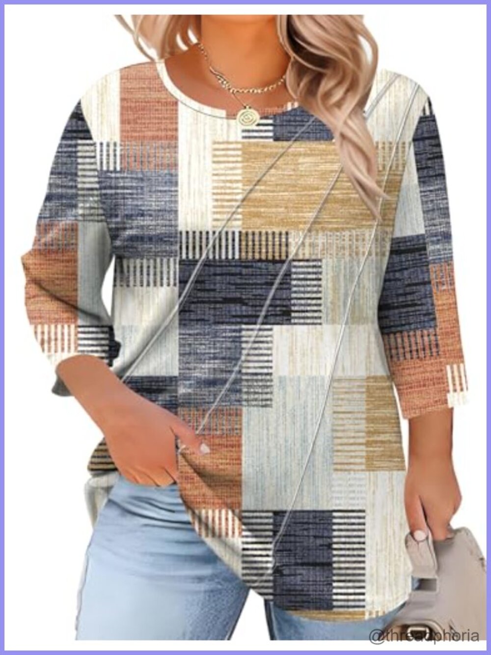 Womens Plus Size Tunic Top 3/4 Sleeve Pleated Crewneck Blouse